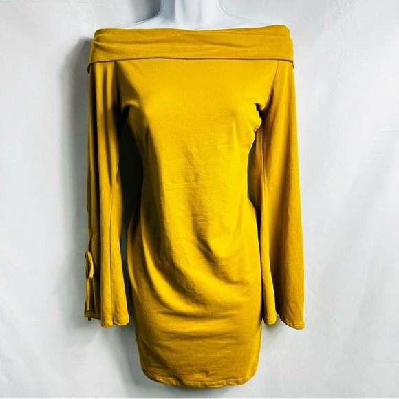 Kafé Design Women’s Sz Large Yellow Off The Shoulder Long Bell Sleeve Dress - Picture 6 of 6